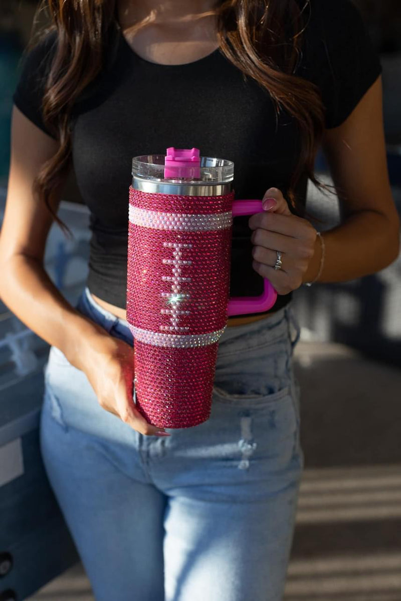 Cute Bling Rhinestone Football 40 oz Tumbler - with Lid and Straw, Bright Pink from BluChi