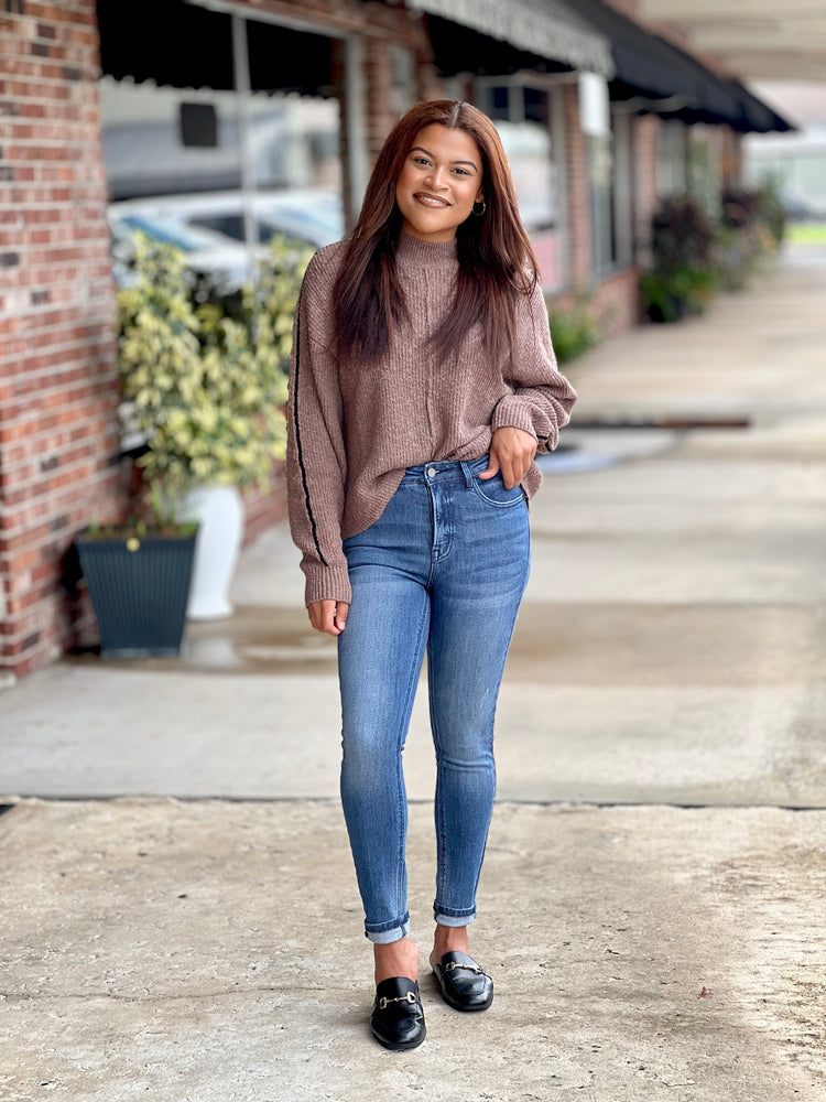 Mocha And Trim Mock Neck Sweater