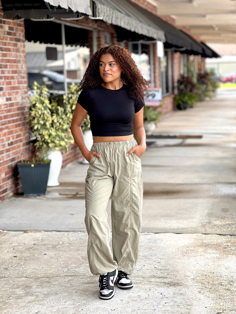 Olive Drawstring Nylon Joggers