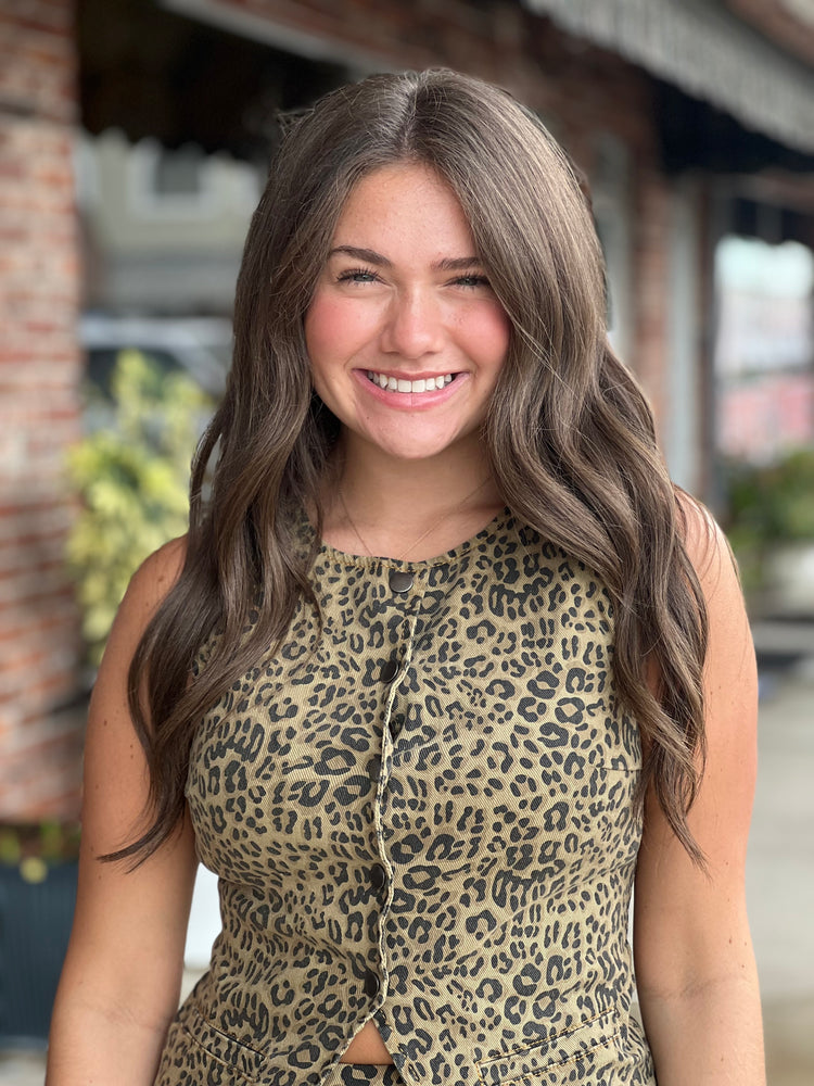 Leopard Printed Denim Snap Button Round Neck Vest