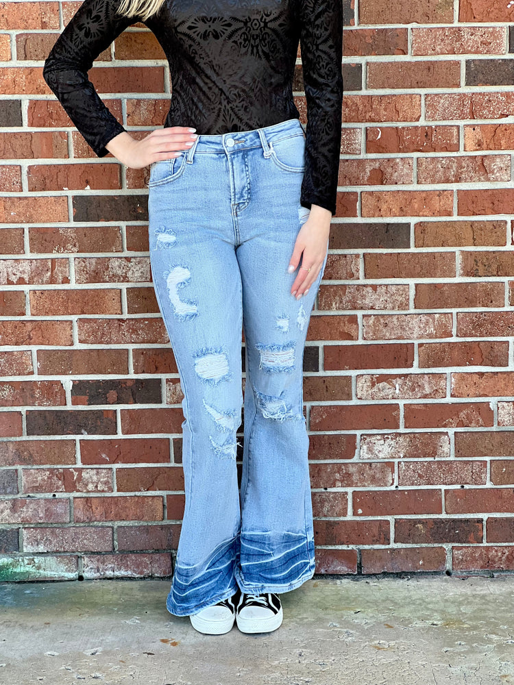
            
                Load image into Gallery viewer, Shiloh Distressed Flare Jeans
            
        