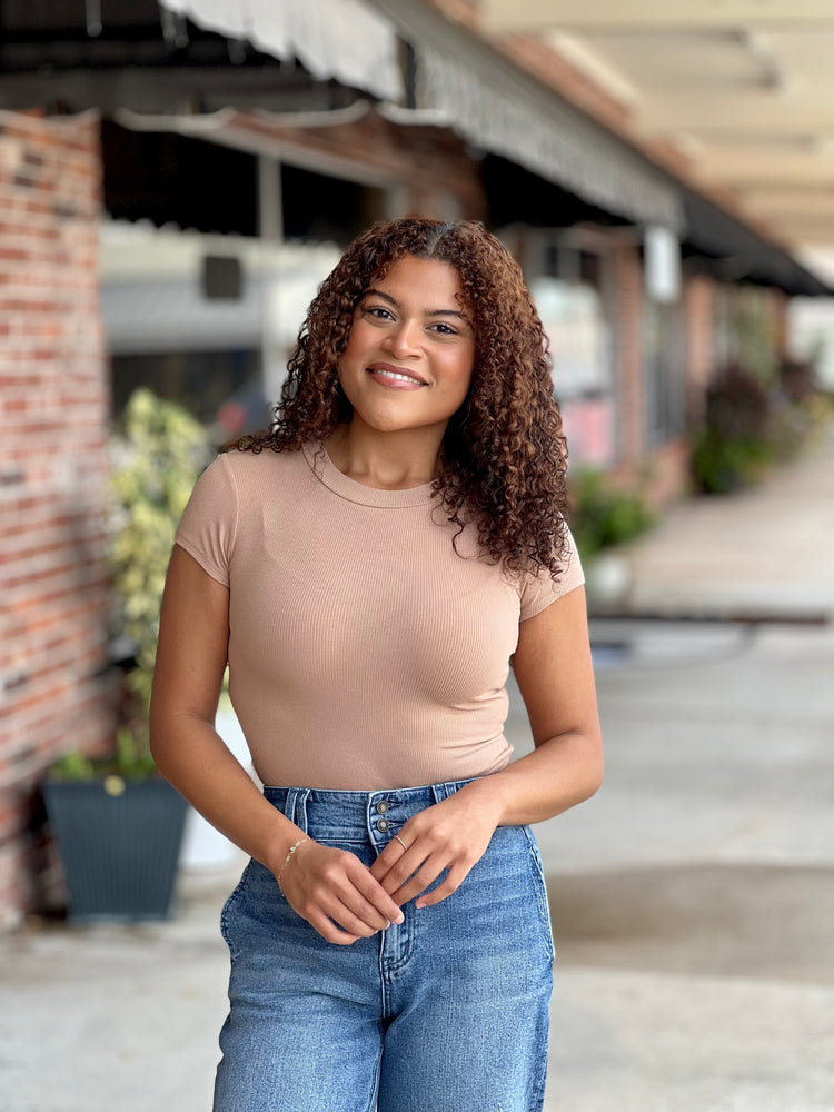 Tan Short Sleeve Knit Bodysuit