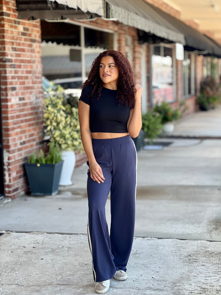 Navy Side Contrast Straight Pant