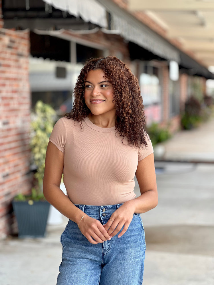 Tan Short Sleeve Knit Bodysuit