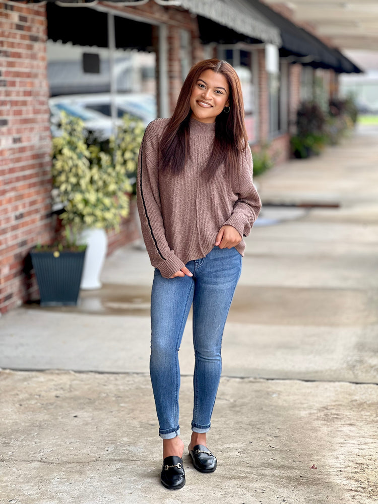 Mocha And Trim Mock Neck Sweater