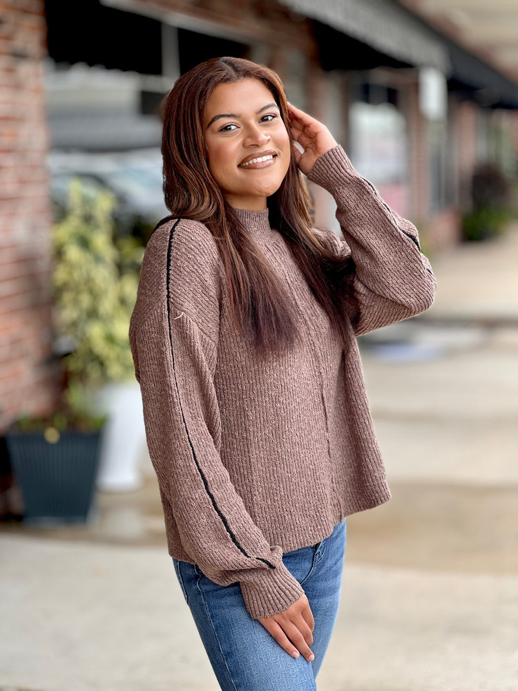 Mocha And Trim Mock Neck Sweater