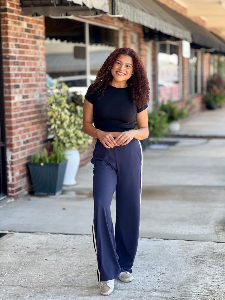 Navy Side Contrast Straight Pant
