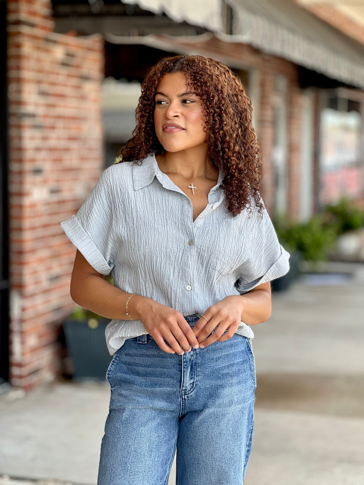 Blue Oversized Crinkled Woven Top
