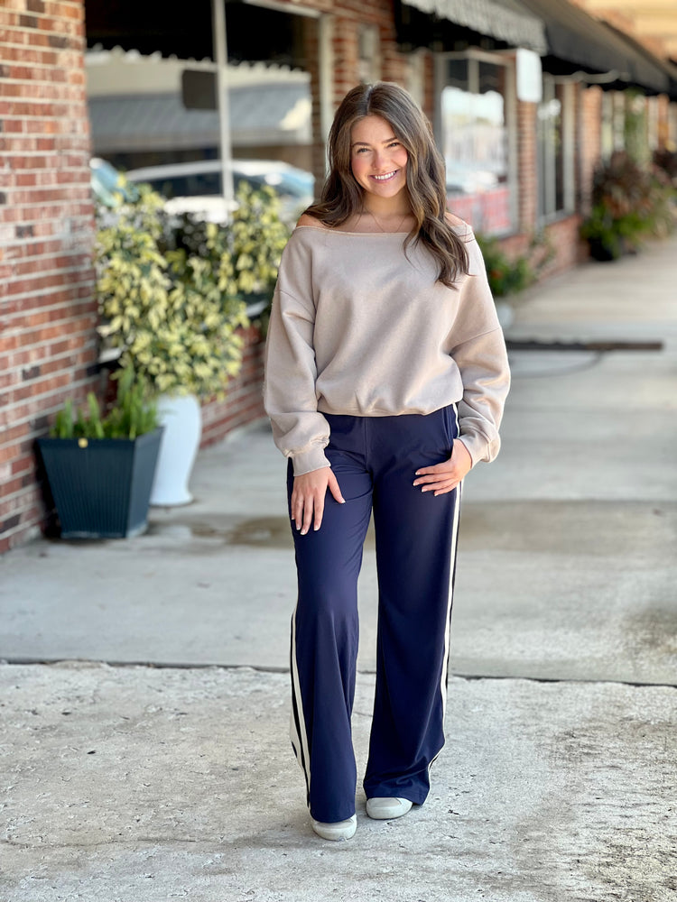 Navy Side Contrast Straight Pant