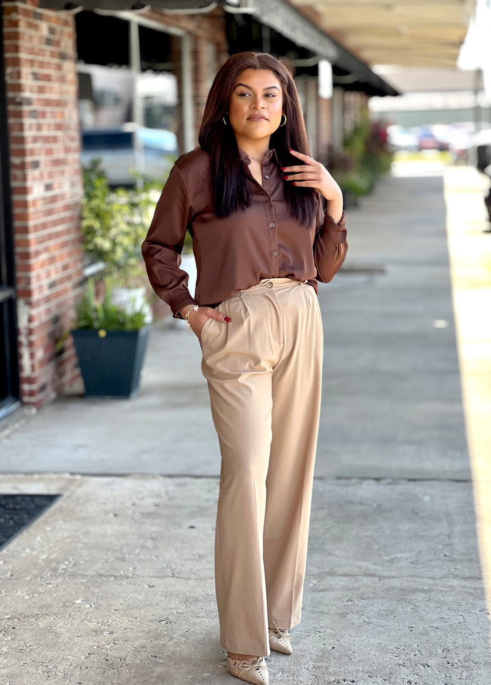 Wide Leg Womens Tan Dress Slacks HW Khaki Wide Leg Pants Wide Leg Womens Tan Dress Slacks HW Khaki Wide Leg Pants