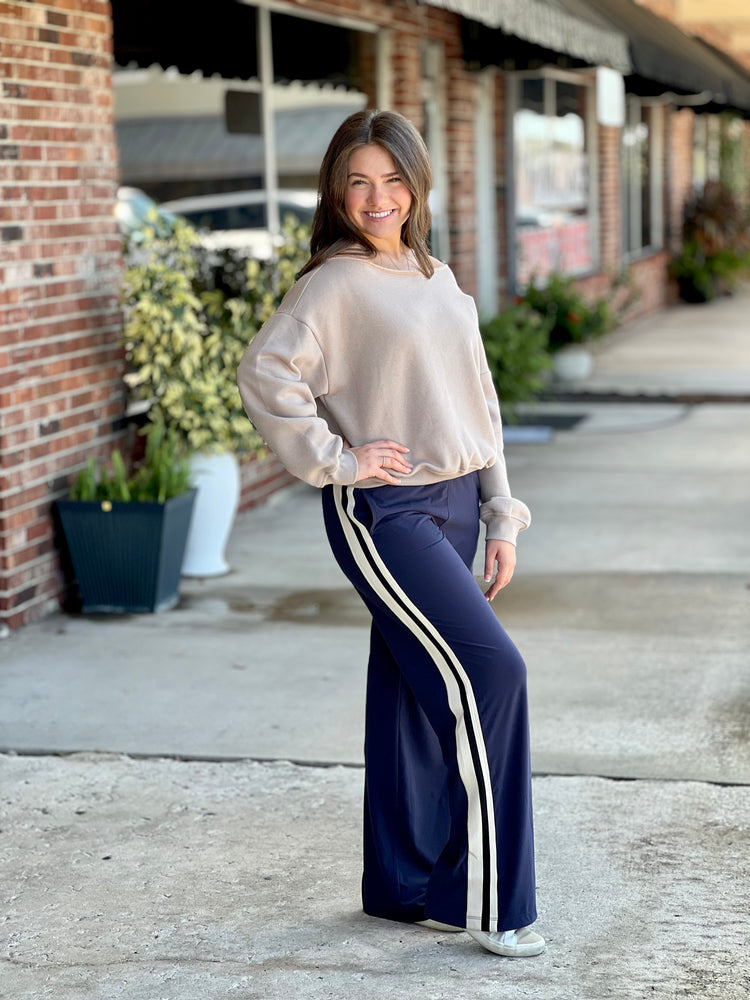 Navy Side Contrast Straight Pant