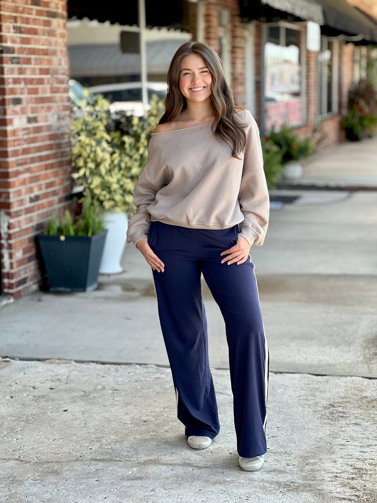 Navy Side Contrast Straight Pant