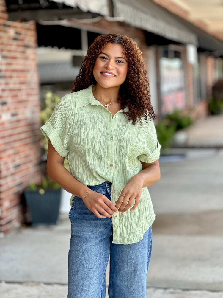 Green Oversized Crinkled Woven Top