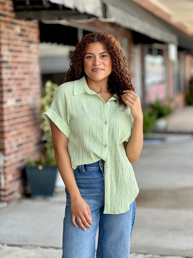 Green Oversized Crinkled Woven Top
