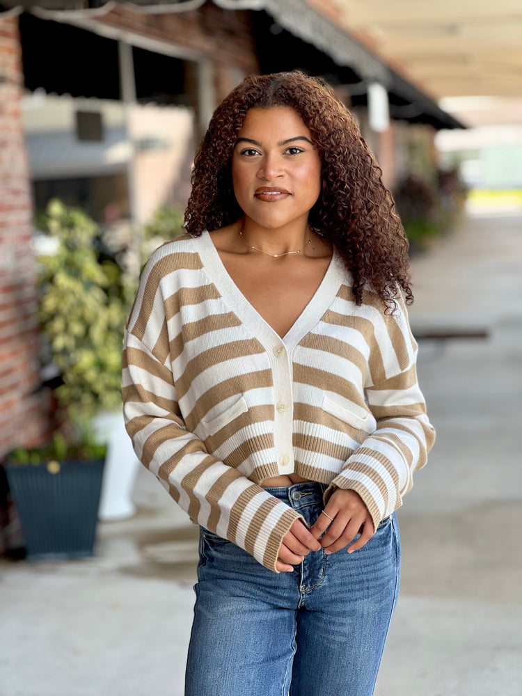 Khaki Striped Button Down Cardigan