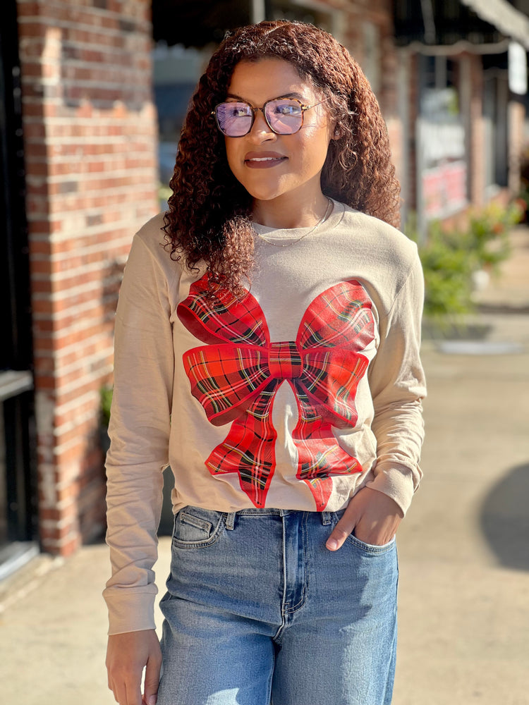 Plaid Bow Long Sleeve T Shirt