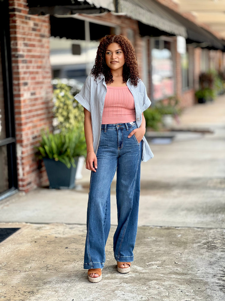 Blue Oversized Crinkled Woven Top