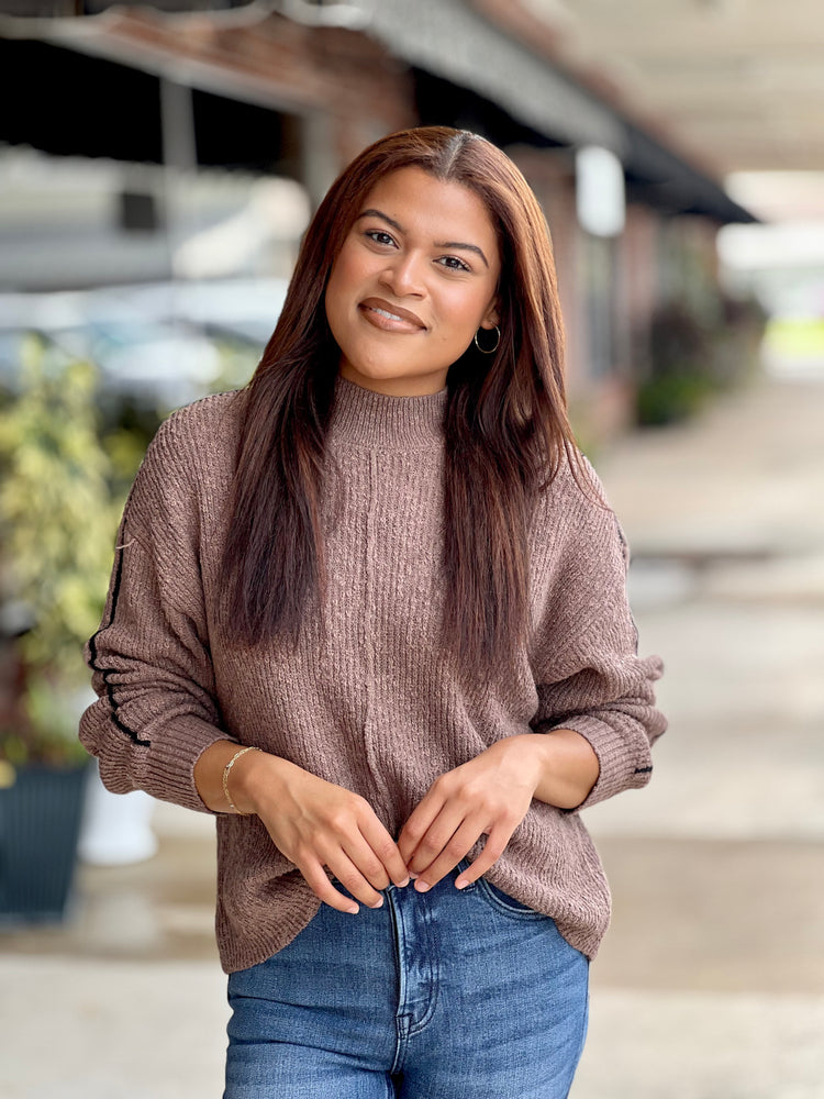 Mocha And Trim Mock Neck Sweater