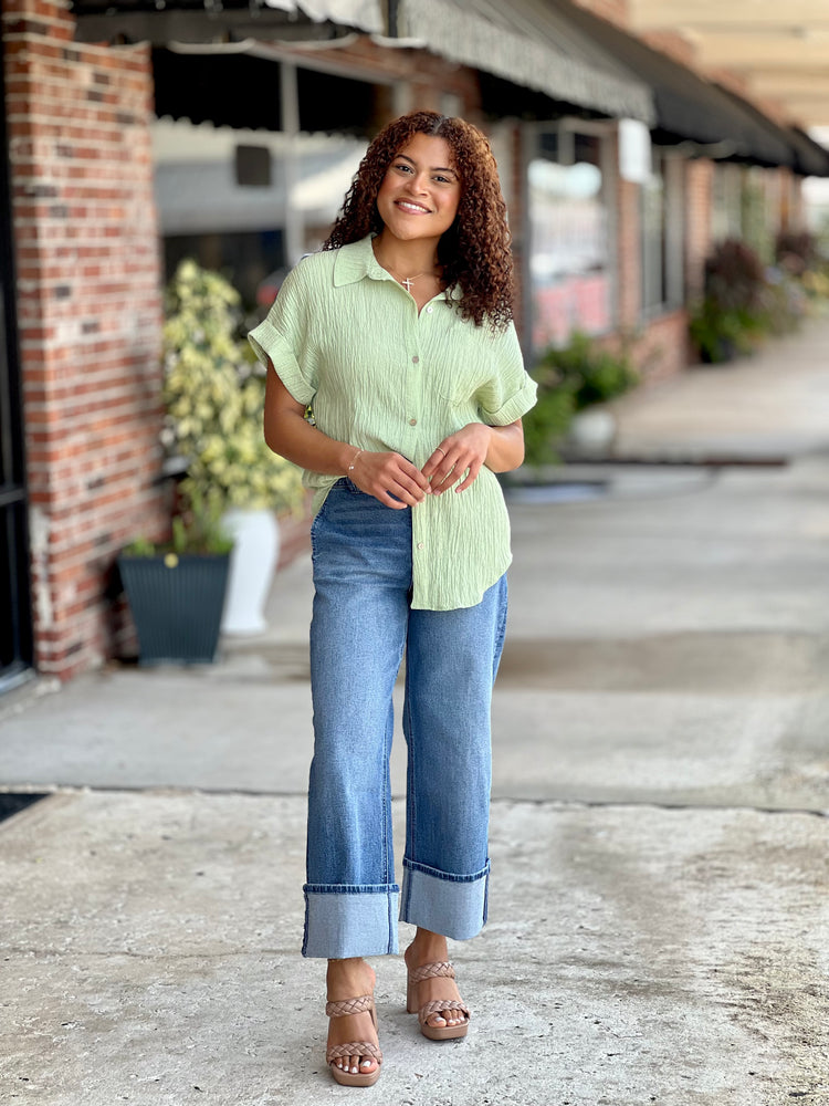 Green Oversized Crinkled Woven Top