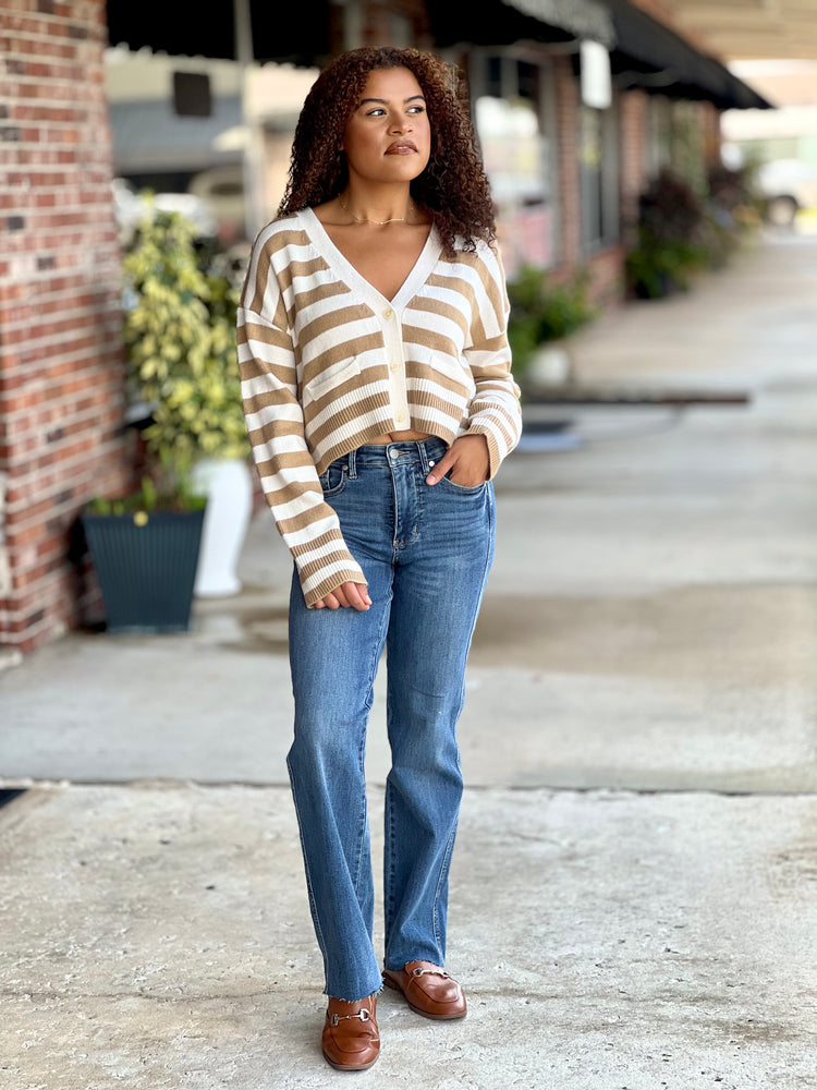 Khaki Striped Button Down Cardigan