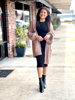 black dress brown cardigan Black dress with brown cardigan