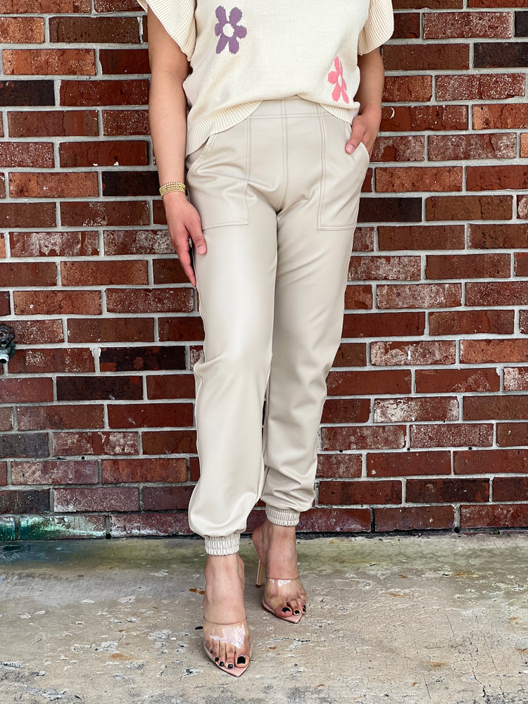 Taupe Vegan Leather Joggers