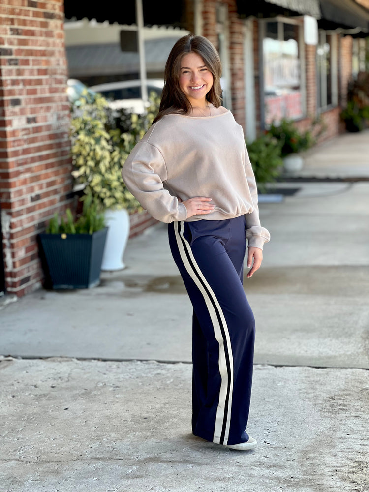 Navy Side Contrast Straight Pant