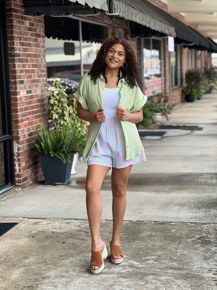 Green Oversized Crinkled Woven Top