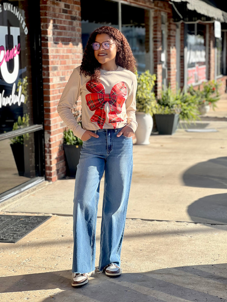 Plaid Bow Long Sleeve T Shirt