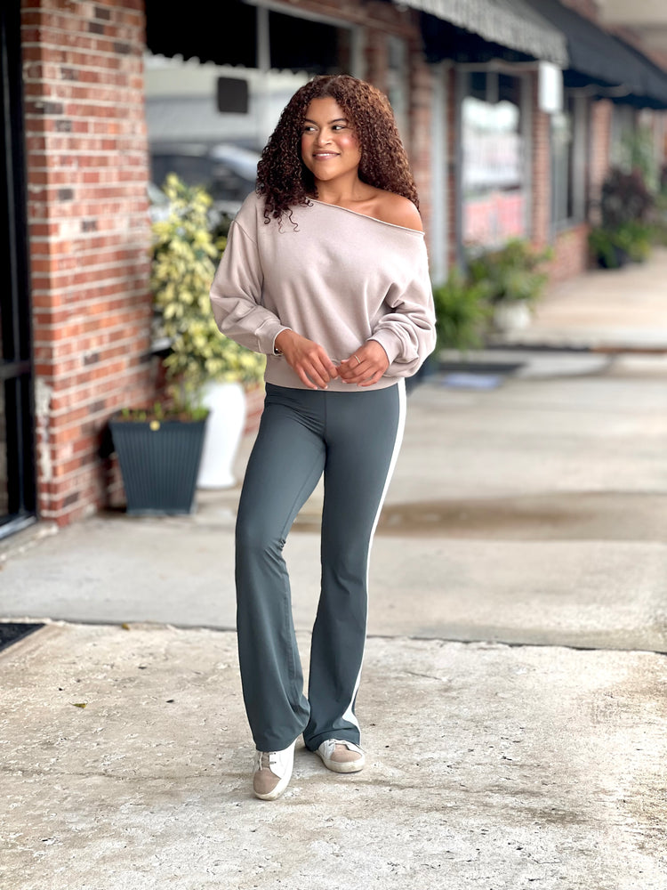 Venture Out Taupe Terry Fleece Off Shoulder Top