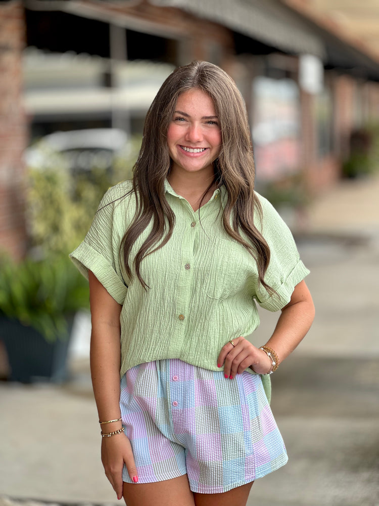 Green Oversized Crinkled Woven Top