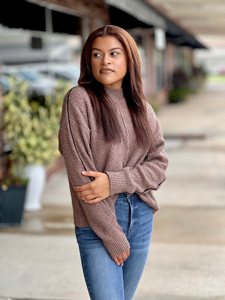 Mocha And Trim Mock Neck Sweater