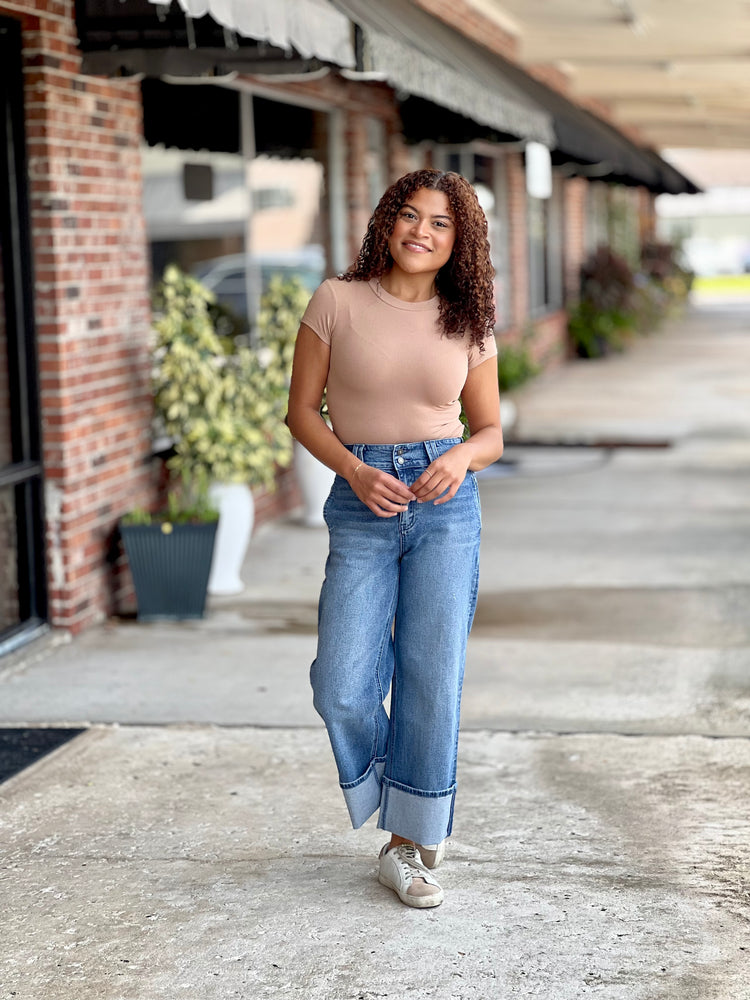 Tan Short Sleeve Knit Bodysuit