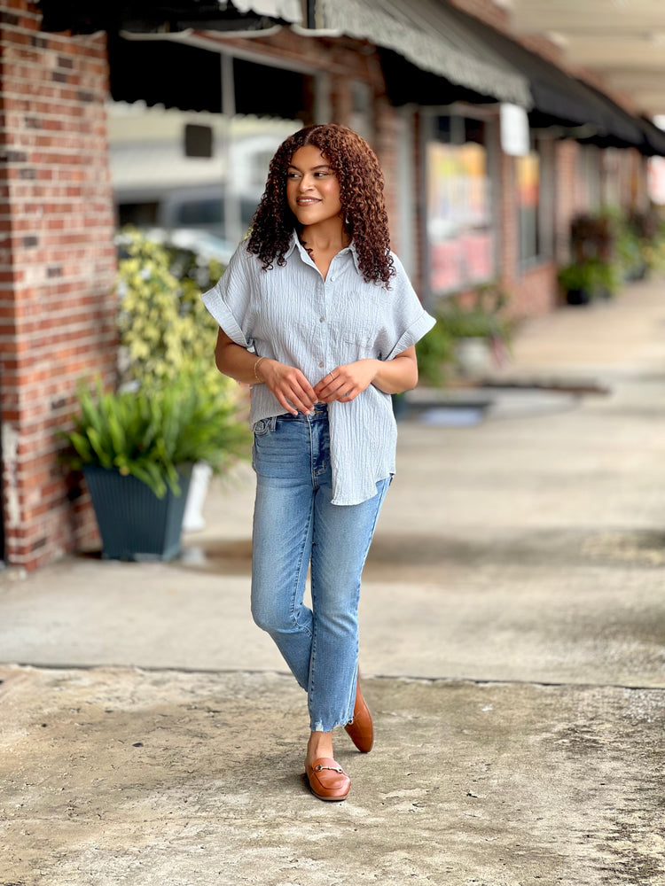 Blue Oversized Crinkled Woven Top