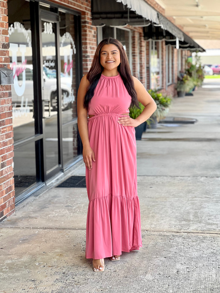 coral cut out dress Omarosa Hardware Detail Cut-Out Halterneck Maxi Dress in Coral
