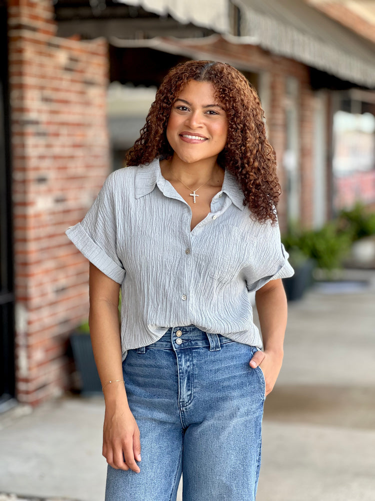 Blue Oversized Crinkled Woven Top