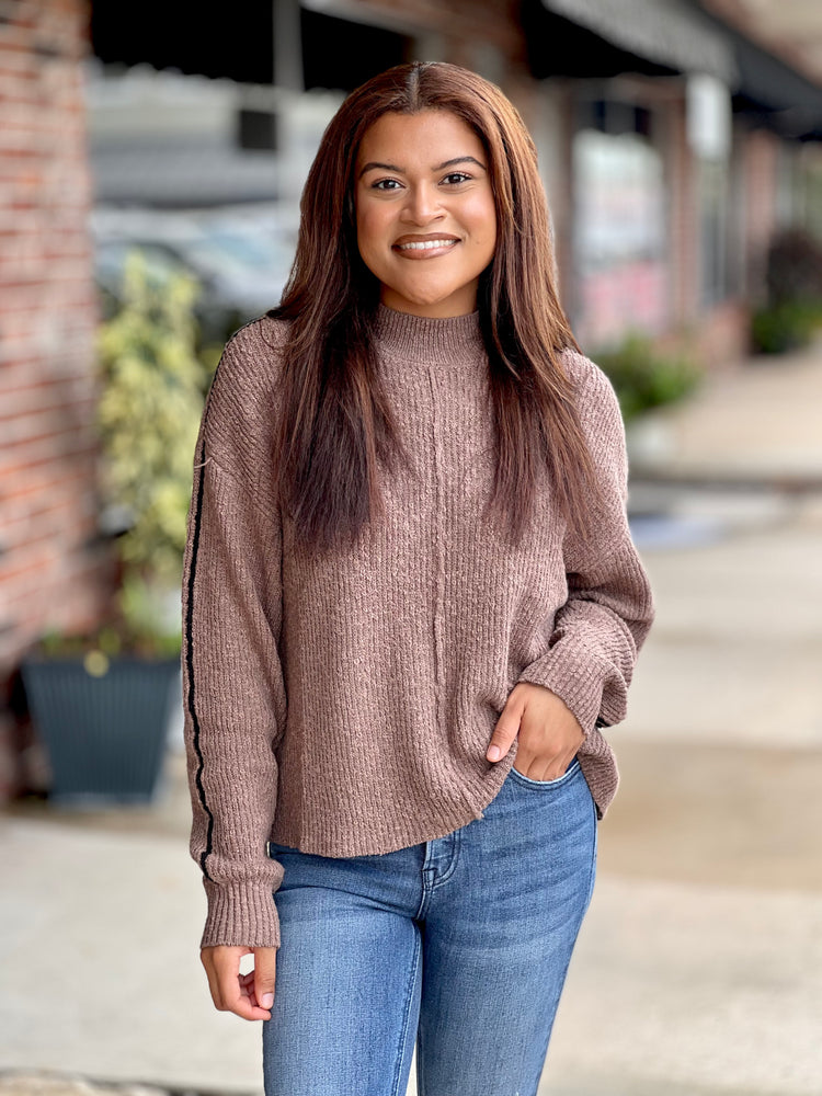 Mocha And Trim Mock Neck Sweater