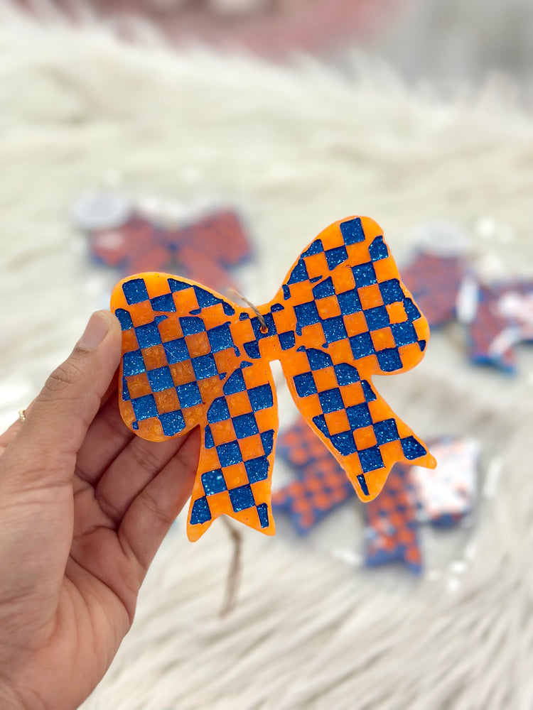 Orange & Blue Checkered Bow Car Freshie
