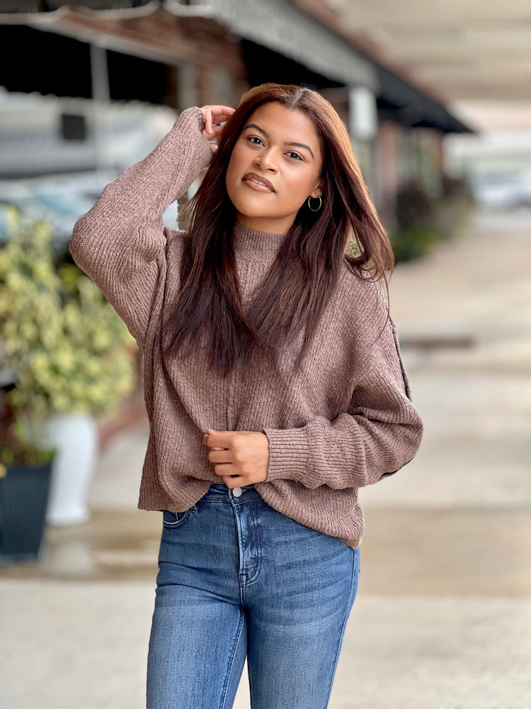 Mocha And Trim Mock Neck Sweater