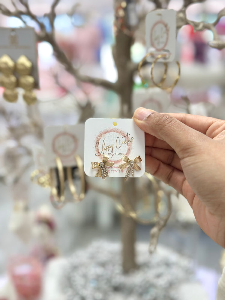 Shiny Bow & Chain Earrings