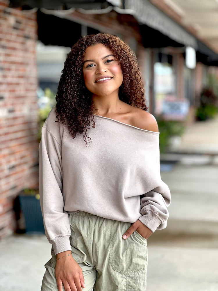 Venture Out Taupe Terry Fleece Off Shoulder Top
