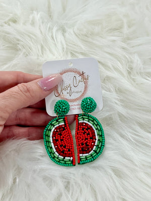 
            
                Load image into Gallery viewer, Green Rind Beaded Watermelon Earrings
            
        