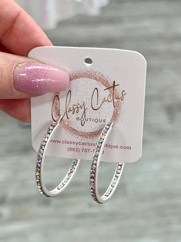Matte Silver Crystal Hoop Earrings