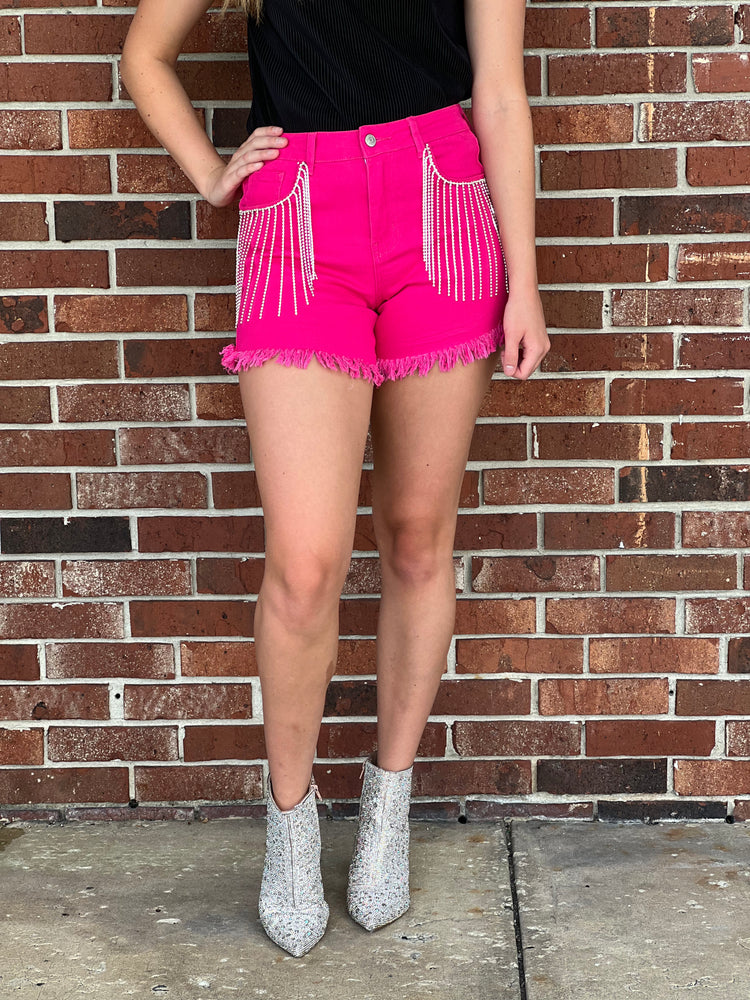 Hot Pink Fringe Rhinestone Shorts
