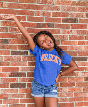 
            
                Load image into Gallery viewer, Youth Orange Sequin Wildcat Blue Tee
            
        