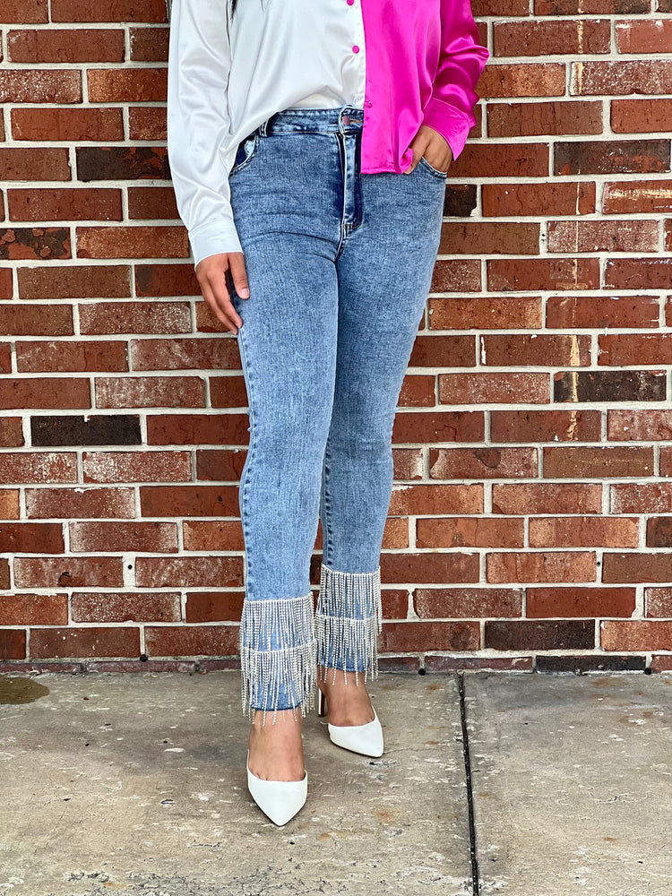 Rhinestone Fringe Bottom Jeans