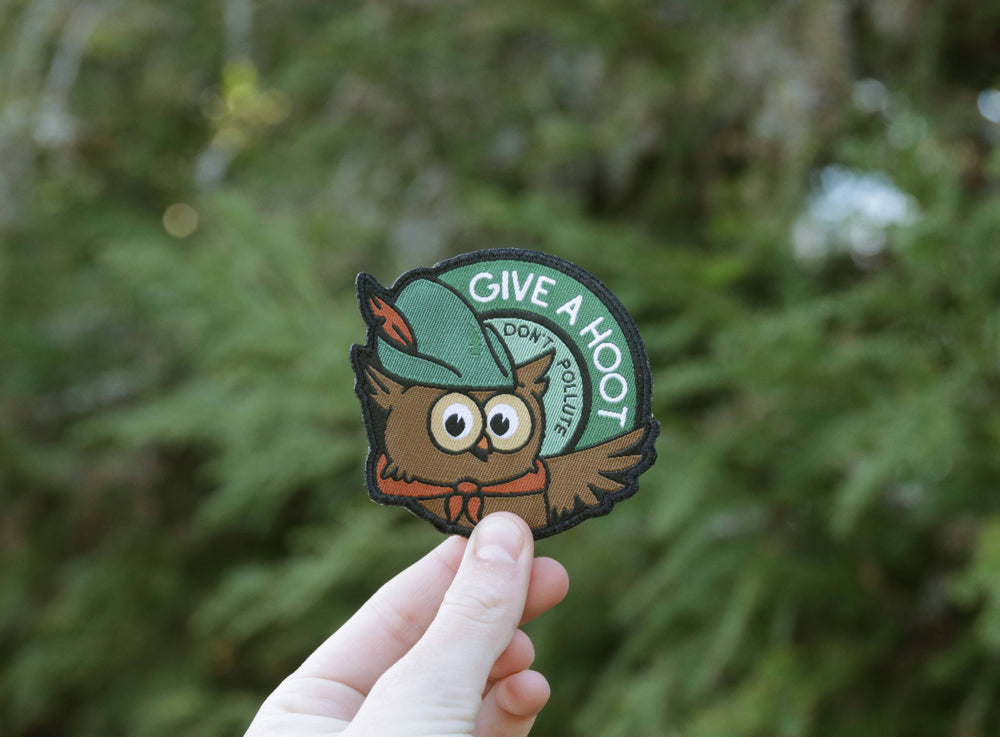
            
                Load image into Gallery viewer, Squatchy - Woodsy Owl, Give a Hoot Don&amp;#39;t Pollute, Iron  on Woven Patch
            
        