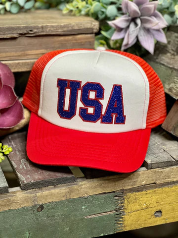 
            
                Load image into Gallery viewer, USA Red &amp;amp; Blue Glitter Trucker Hat
            
        