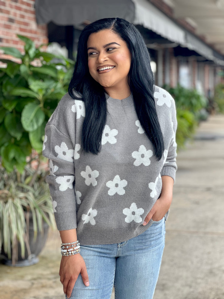 
            
                Load image into Gallery viewer, Gray Floral Sweater
            
        